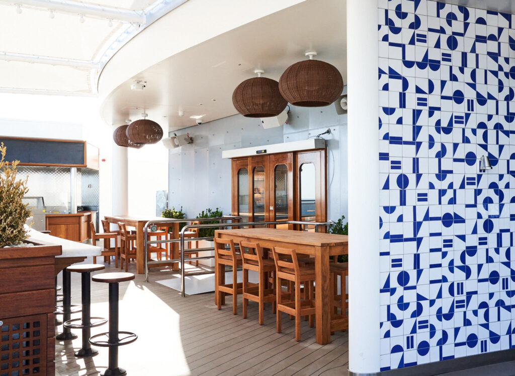 The Dock bar and seating area Virgin Voyages